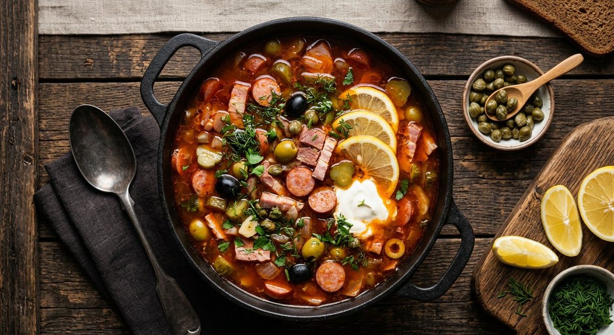 Сборная солянка: конструктор русской кухни Сборная мясная солянка в чугунке: бульон, колбаски, копчёности, оливки, каперсы, солёные огурцы и лимон