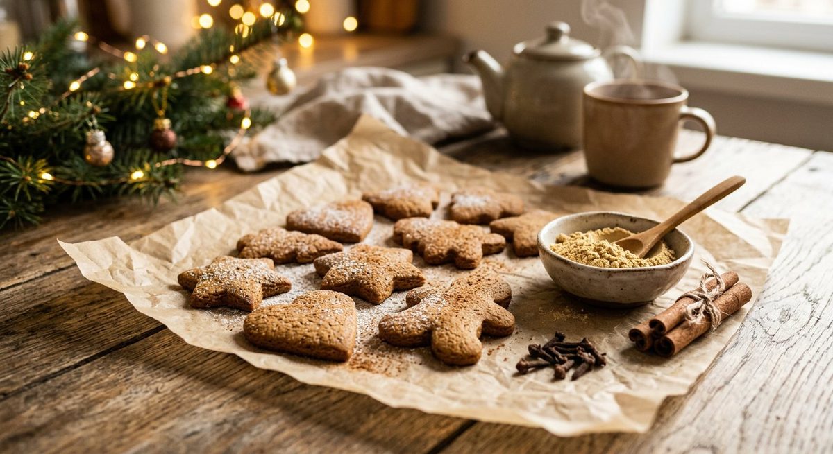 Домашнее имбирное печенье с молотыми специями и палочками корицы