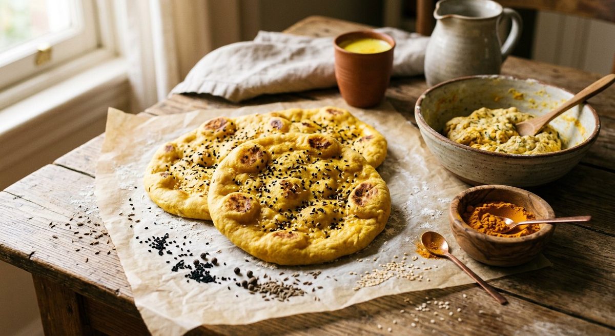 Домашние лепёшки с куркумой на пергаменте и миска с тестом