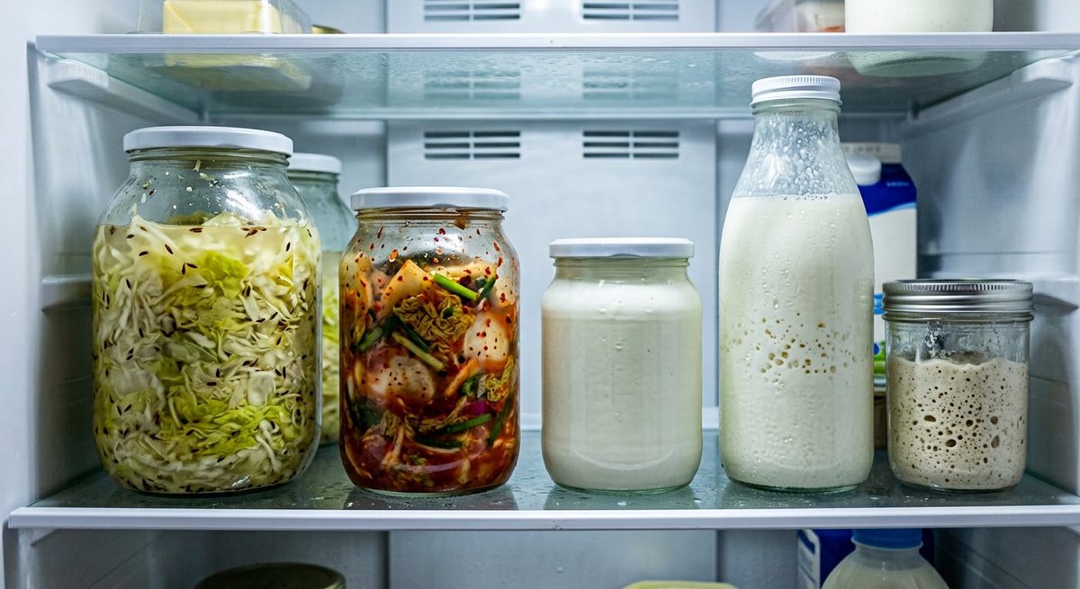 Полка холодильника с банками ферментированных продуктов, кефиром и закваской