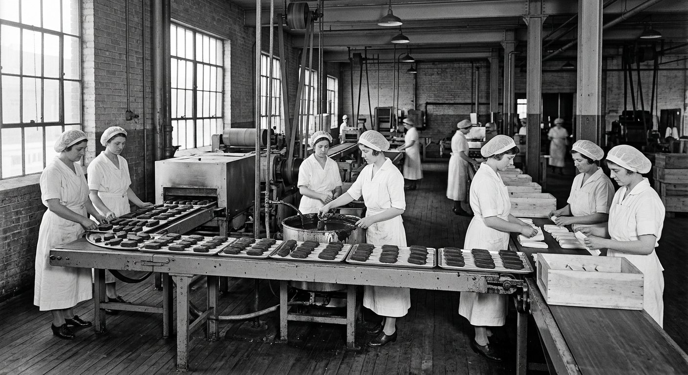 Конвейер эскимо 1920-х — начало эры промышленного мороженого