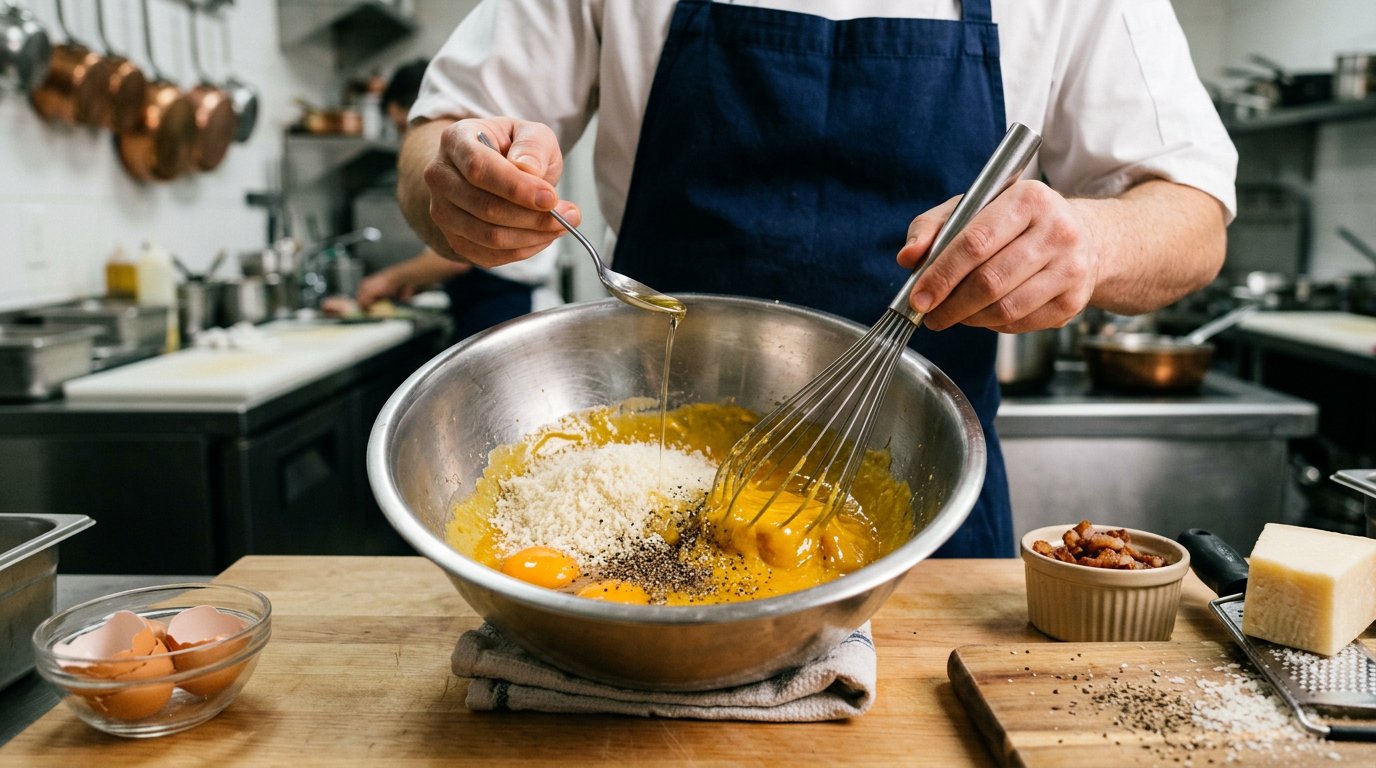 Желтки и одно целое яйцо смешивают с мелко натёртым Pecorino Romano, чёрным перцем и жиром гуанчале