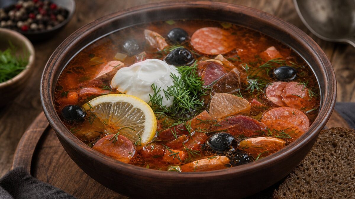 Солянка мясная сборная — наваристый суп с копчёностями и лимоном