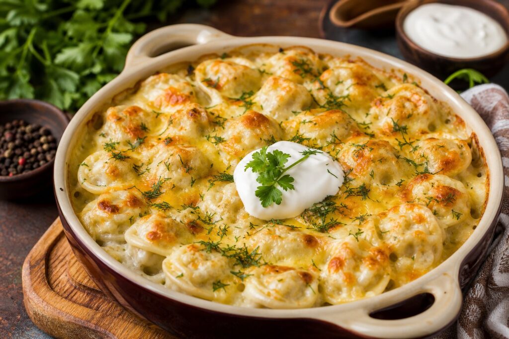 Запечённые пельмени под сырной корочкой