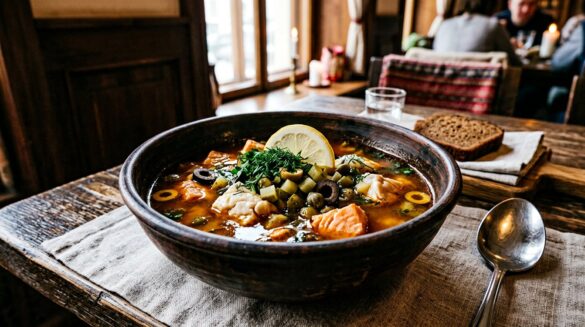 Глубокая тарелка рыбной солянки с кусочками судака и лосося, солёными огурцами, маслинами, каперсами и лимоном