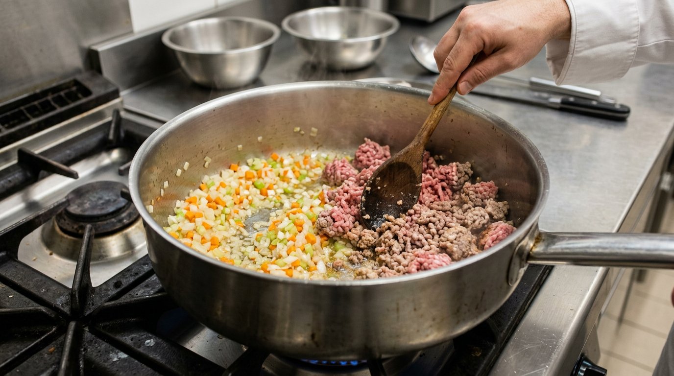 В широкой кастрюле готовят мелко нарезанные лук, морковь и сельдерей с панчеттой, затем добавляют говядину и свинину